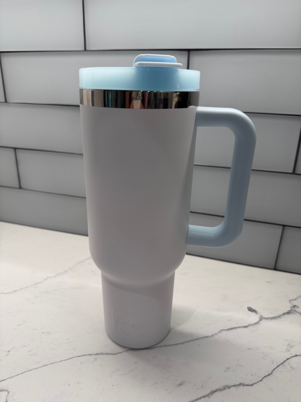 Light Blue & White Insulated Travel Mug with Handle